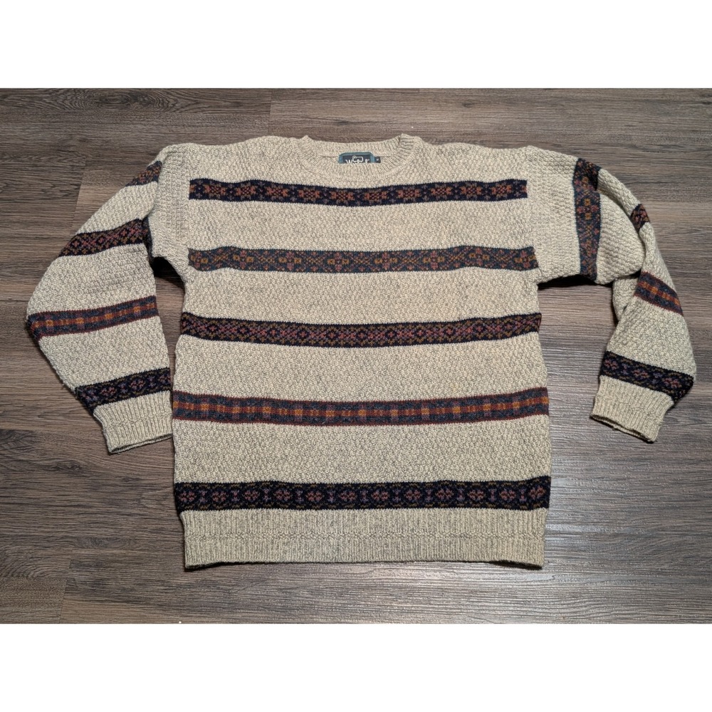 Woolrich Mens Vintage Wool Blend Fair Isle Striped Crewneck Sweater Gray Medium‎